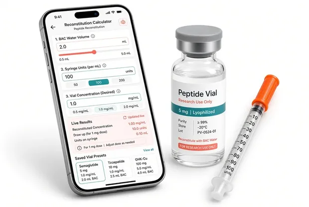 DoseRoutine reconstitution calculator on a phone beside a peptide vial and insulin syringe, showing units to draw