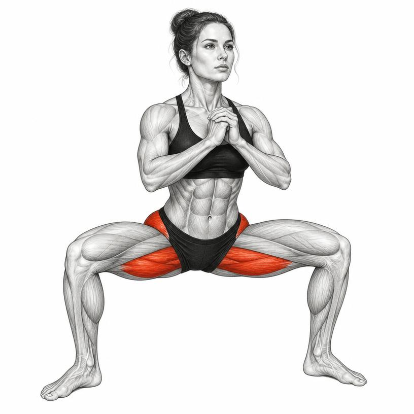 Sumo squats exercise illustration — Anatomy illustration of a woman in a wide-stance sumo squat with glutes and inner thighs shaded red.