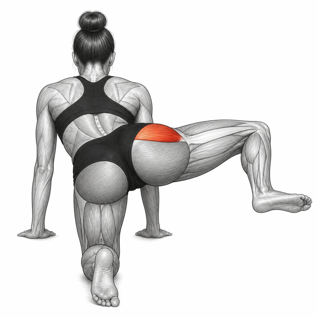 Fire hydrants (Right) exercise illustration — Anatomy illustration of a woman on hands and knees lifting her right bent leg out to the side, gluteus medius shaded red.