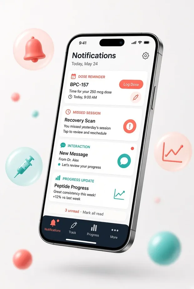 DoseRoutine notifications screen showing dose reminders alongside an interaction warning for the current stack