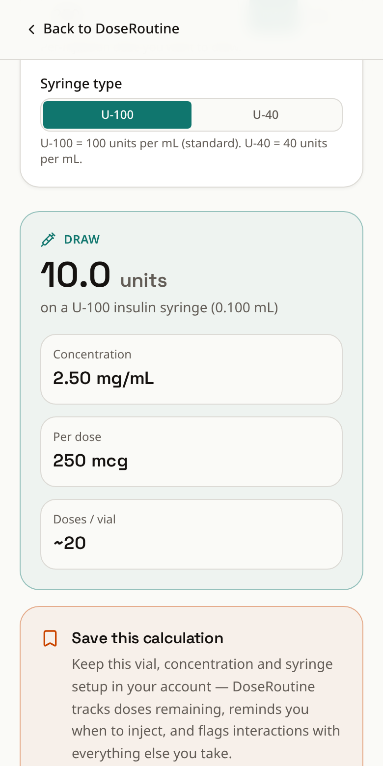 DoseRoutine reconstitution calculator showing 10 units to draw on a U-100 syringe