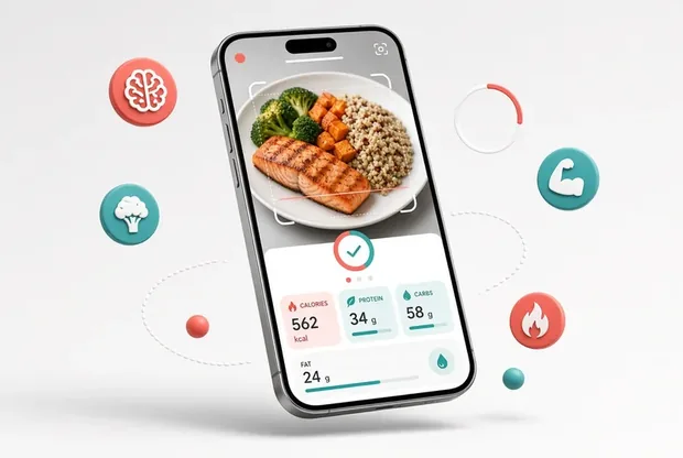 DoseRoutine meal scanner on a phone estimating calories, protein and carbohydrates from a photo of a salmon meal