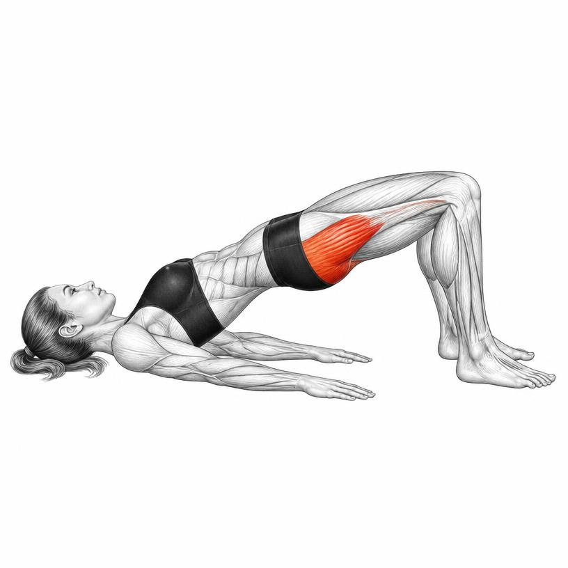 Glute bridges exercise illustration — Anatomy illustration of a woman performing a glute bridge with hips lifted and glutes shaded red.