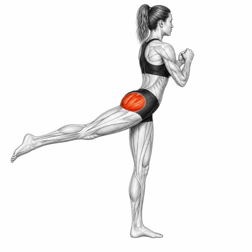 Standing kickbacks exercise illustration — Anatomy illustration of a woman standing and extending one leg straight behind, gluteus maximus shaded red.