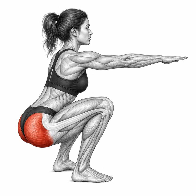 Squats exercise illustration — Anatomy illustration of a woman in a deep bodyweight squat with the gluteus maximus shaded red.