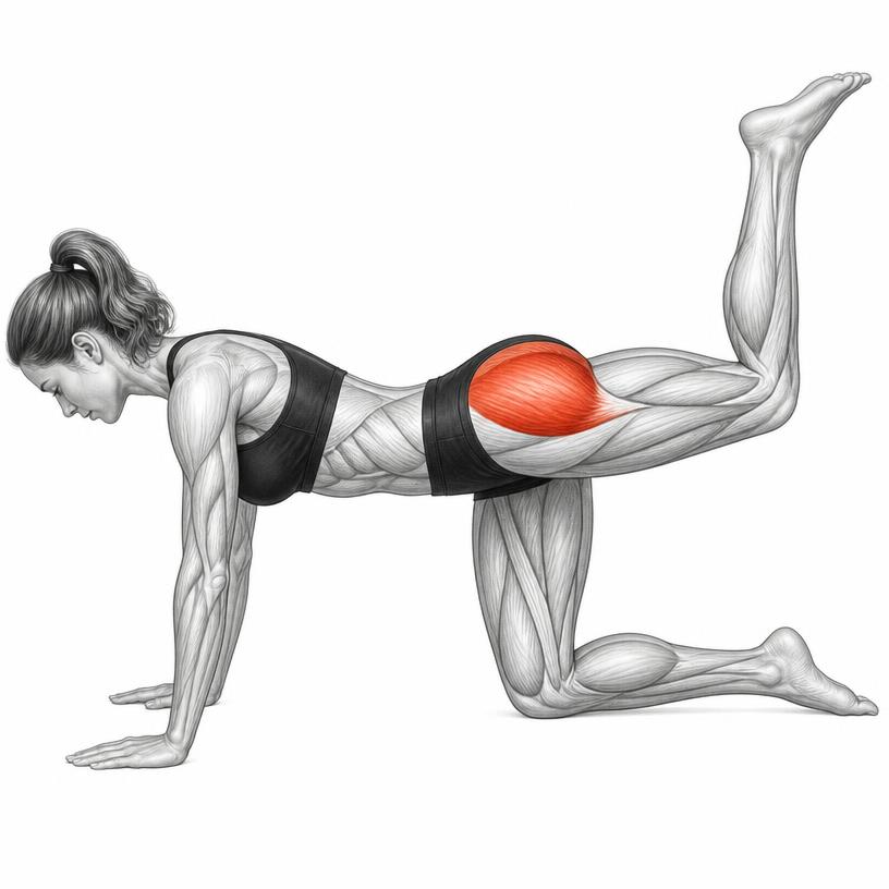 Donkey kicks (Right) exercise illustration — Anatomy illustration of a woman on hands and knees kicking her right bent leg back, glutes shaded red.