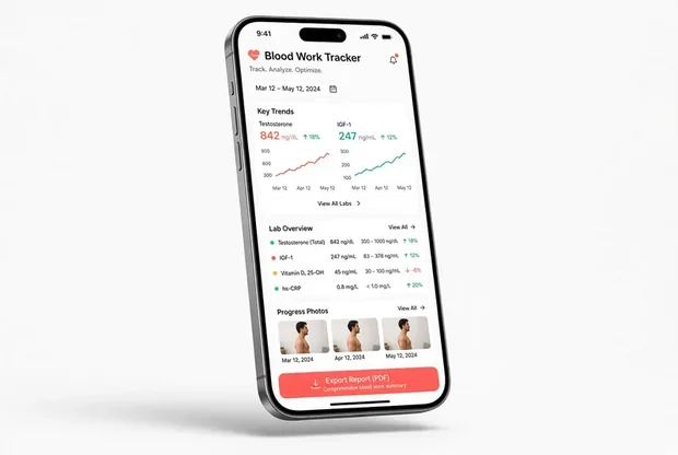 DoseRoutine bloodwork tracker on a phone showing lab value trend lines and progress photos over time