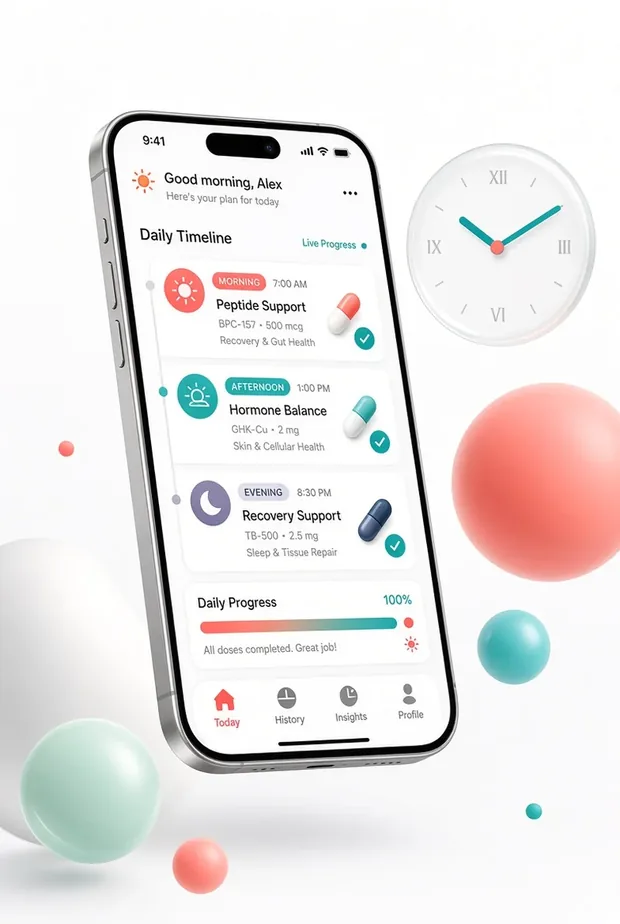 DoseRoutine daily timeline screen on a phone, listing each scheduled dose with its time and logged status