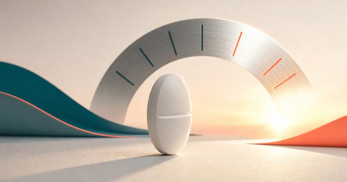 Armodafinil : Guide complet pour biohackers et protocoles de dosage White oval tablet standing in dawn light beside a brushed-metal 24-hour dial arc
