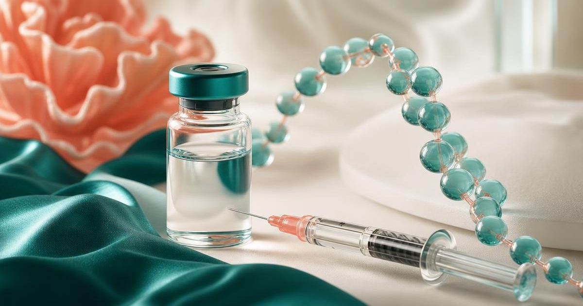 Carbetocin: What Biohackers Need to Know About This Peptide Clear medical vial and fine syringe beside a curved teal peptide chain