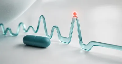 Clonidine: Complete Guide to Dosing, Side Effects, and Building a Consistent Protocol Teal capsule beside a glass heart-rate waveform settling into a calm line