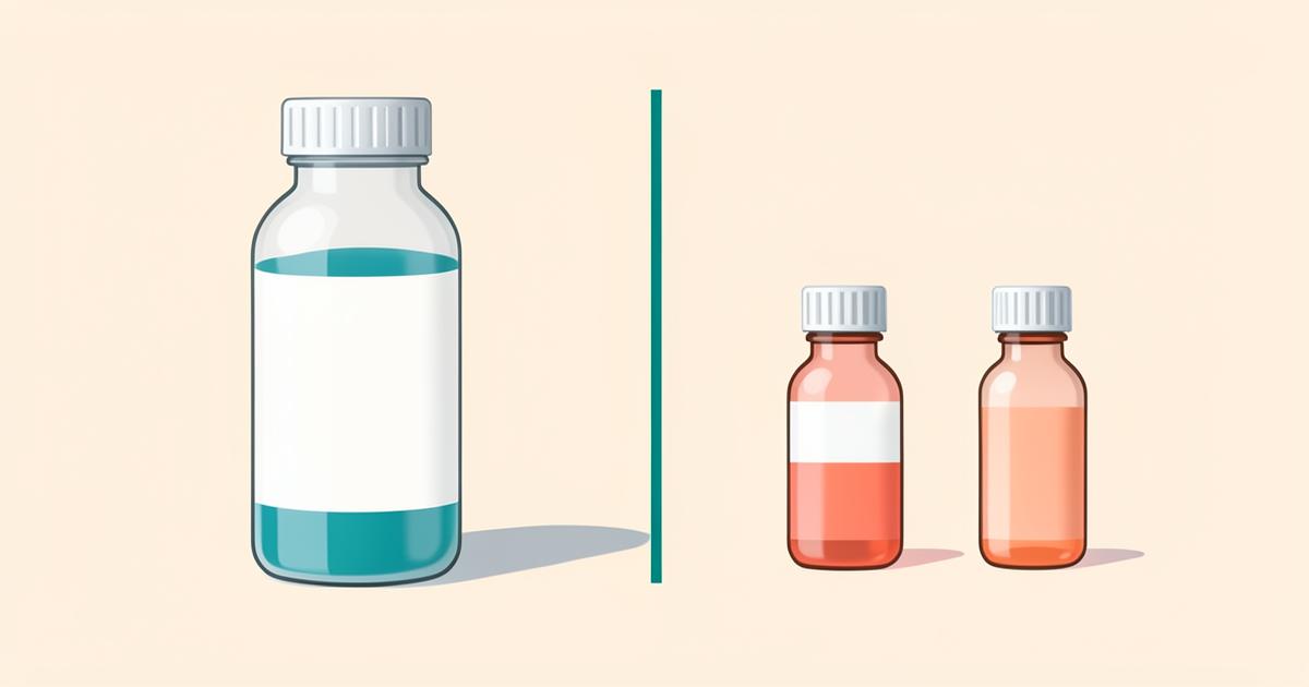 Single blend vial beside three separate vials, illustrating fixed-ratio dosing versus individual control Single blend vial beside three separate vials, illustrating fixed-ratio dosing versus individual control