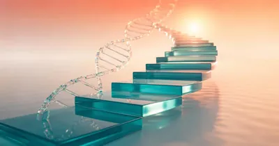 The 26 Longevity Trends Defining 2026 (And How to Actually Execute Them) Rising glass staircase beside a DNA helix leading toward a sunrise