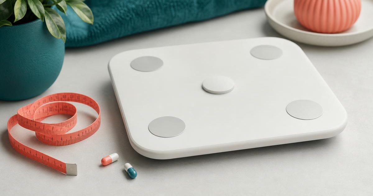 Pastillas para Bajar de Peso: Qué Son, Cómo Funcionan y Cómo Usarlas Bien White bathroom scale with a coral measuring tape and two capsules