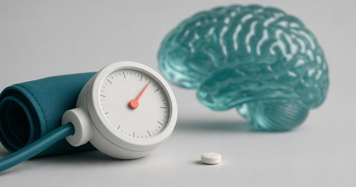Guanfacina: Para Qué Sirve, Dosis, Interacciones y Seguimiento Blood-pressure cuff gauge and a tablet in front of a translucent teal brain model