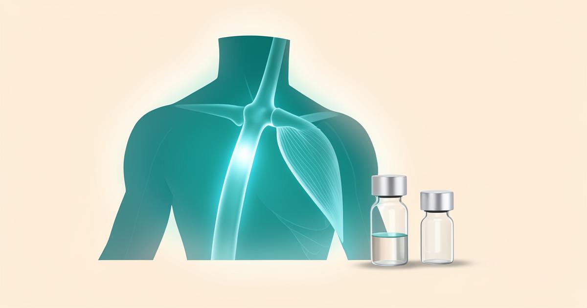 The Wolverine Peptide Stack, Honestly Assessed Teal shoulder and tendon anatomy silhouette beside two small peptide vials