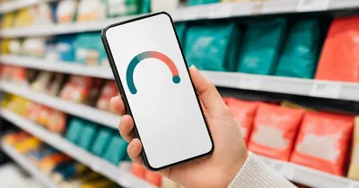 The Yuka App Honestly Reviewed: What It Gets Right and Where It Falls Short Hand holding a phone showing a teal-to-coral product rating arc in a grocery aisle