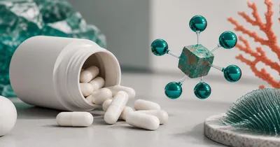 Zinc Bisglycinate Supplement: सबसे बेहतर Zinc Form और इसे अपने Stack में कैसे Use करें Open supplement bottle spilling capsules beside a teal zinc chelate molecule