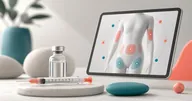 Vial and syringe beside a screen showing an injection site rotation map