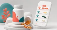 Supplement bottle and capsules beside a phone showing a stack schedule