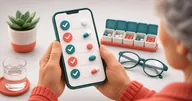 Best Pill Reminder Apps for Seniors Hands holding a phone with a large-print dose checklist beside a weekly pill organizer