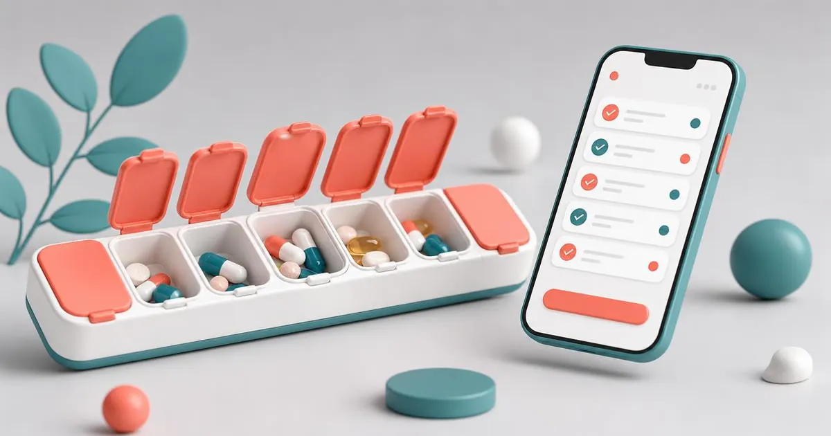 Pill Reminder App vs. Protocol Tracker: Which Do You Need? Weekly pill organizer with ticked compartments next to a phone checklist