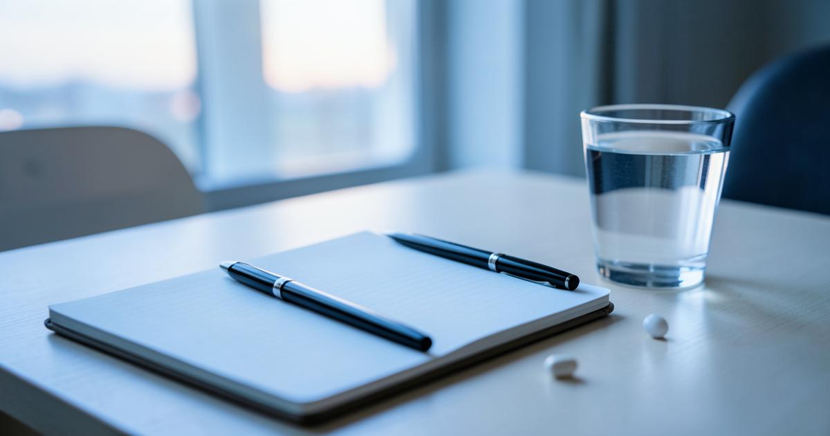 A tidy study desk at dawn with a notebook, pen, glass of water and a small white capsule