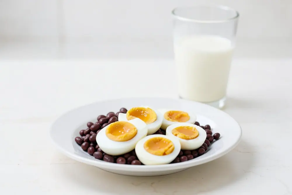 Boiled eggs and soy beans on a plate beside a glass of milk