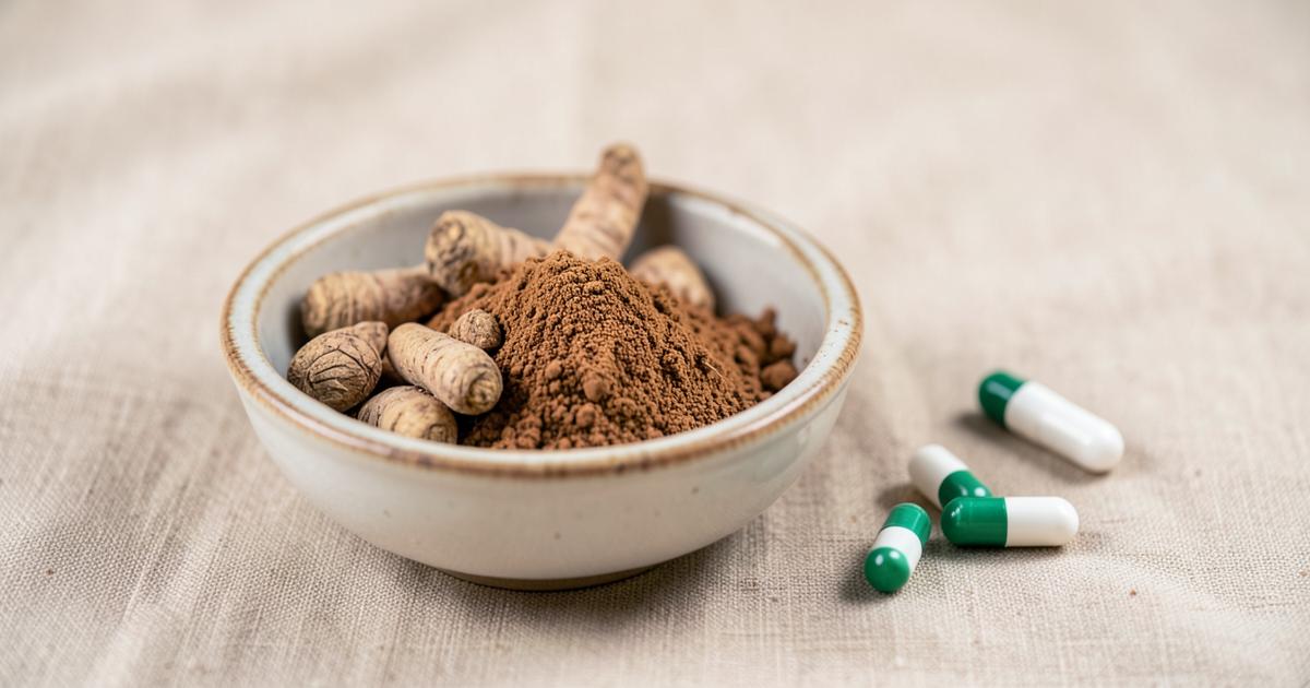 Ashwagandha root pieces and powder in a ceramic bowl beside capsules on linen