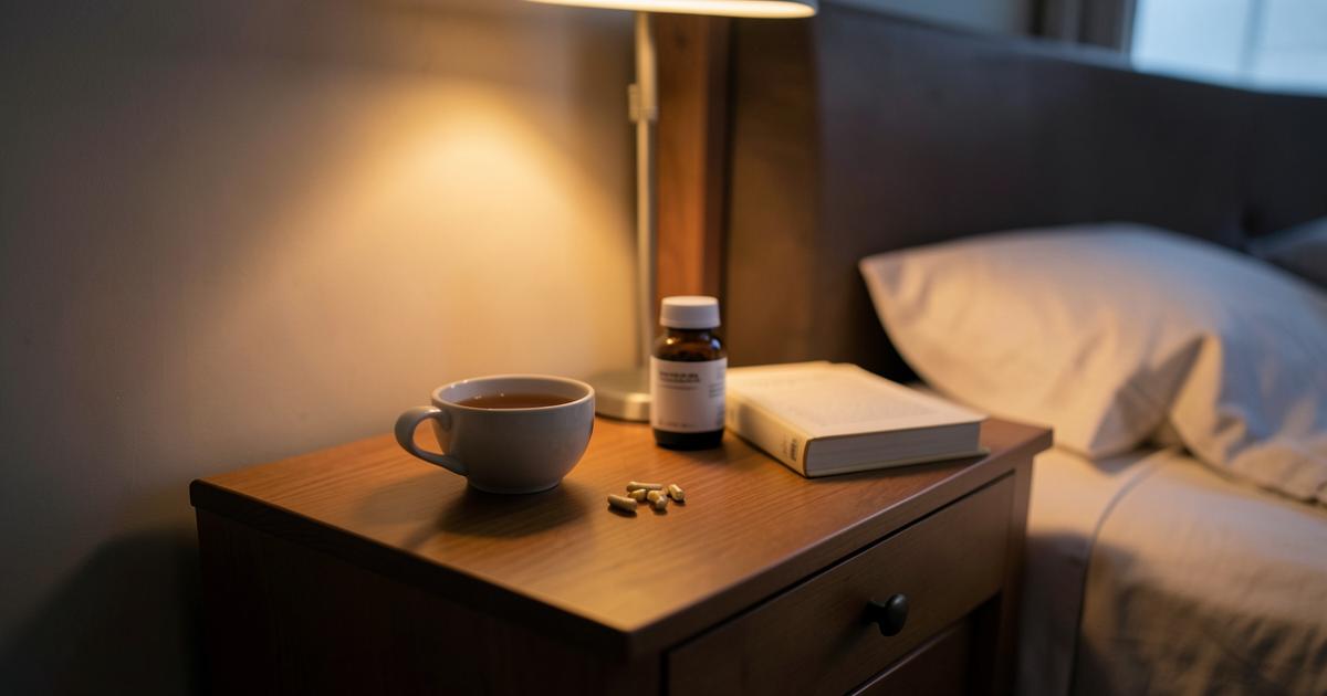 A calm bedroom nightstand at dusk with tea, a supplement bottle and a book