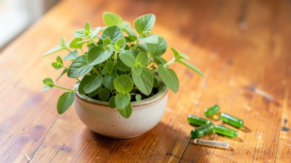 Bacopa monnieri plant sprigs beside capsules on a wooden surface Bacopa monnieri plant sprigs beside capsules on a wooden surface