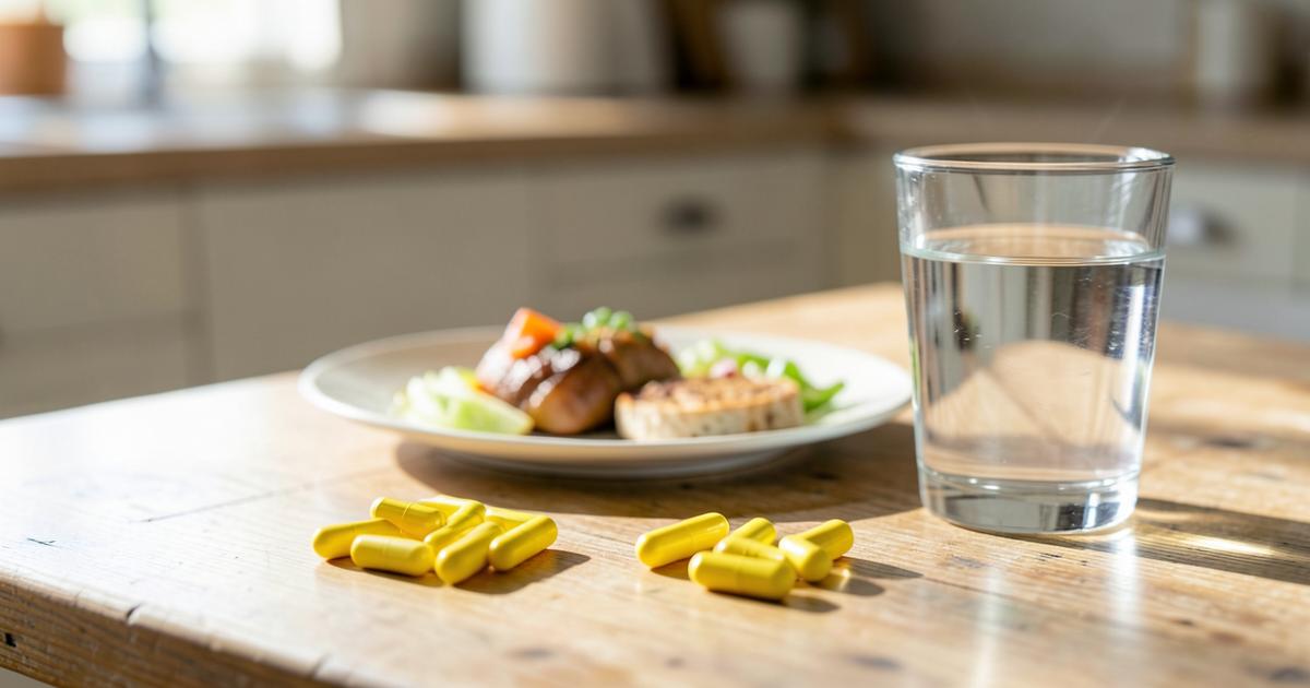 Yellow berberine capsules on a wooden table beside a plate of food and a glass of water