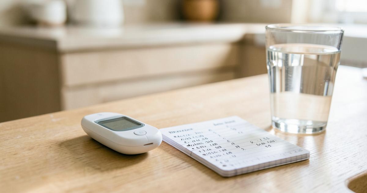 A home glucose meter and a notebook of readings on a kitchen table