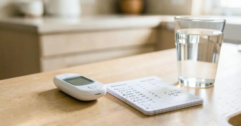 A home glucose meter and a notebook of readings on a kitchen table