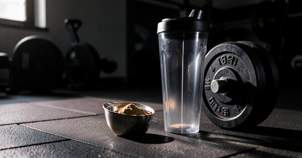 A scoop of pre-workout powder beside a shaker and weight plates on a gym floor