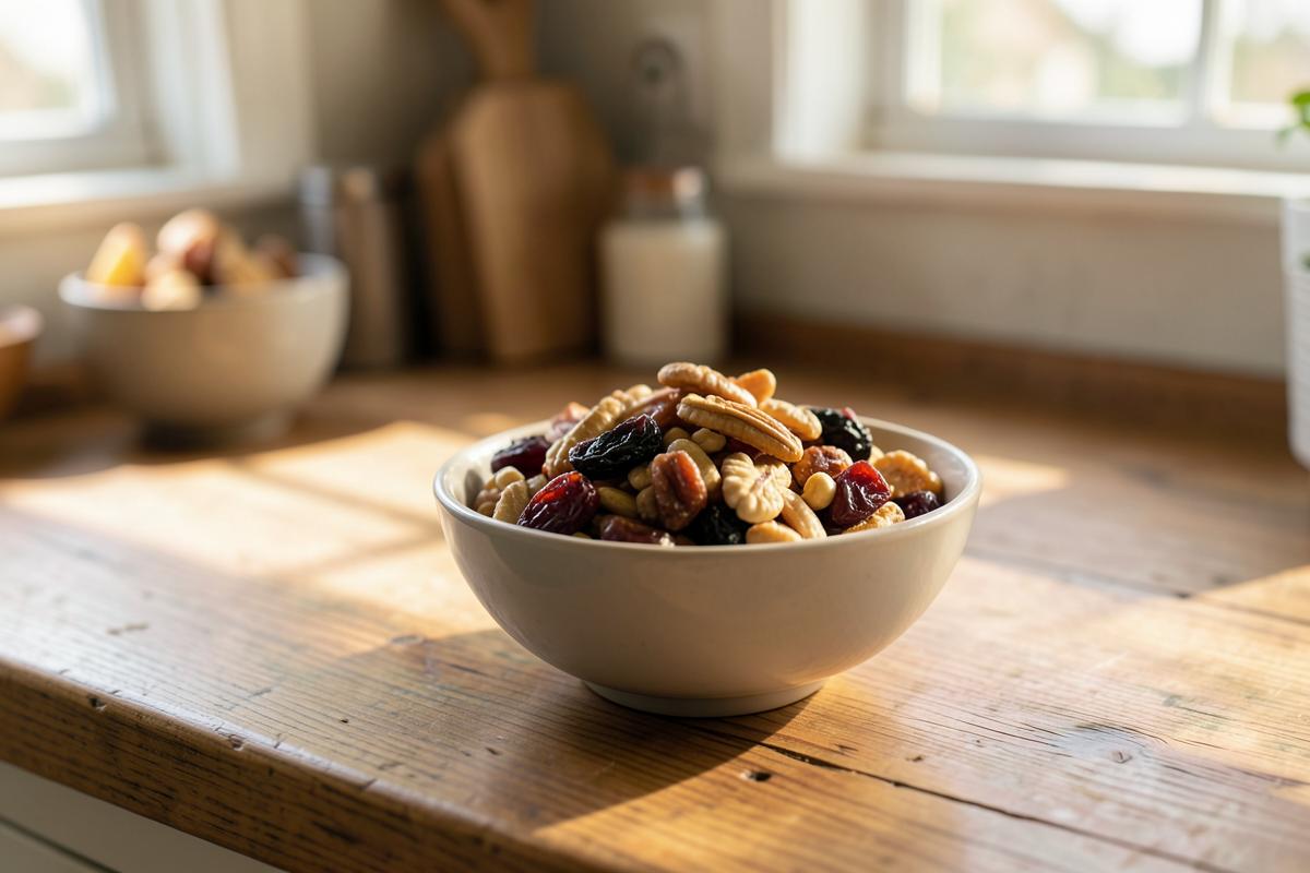 A bowl of mixed nuts and dried fruit on a wooden kitchen counter in morning light