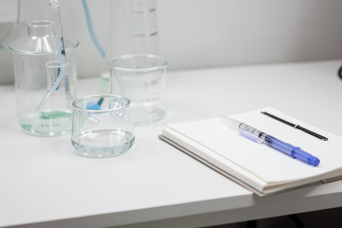 Laboratory glassware and a notebook on a white bench