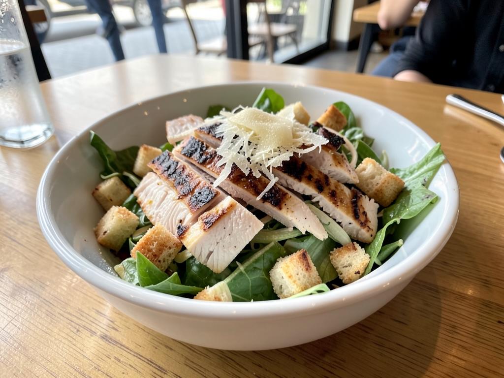 Caesar salad with grilled chicken in a white bowl on a cafe table Caesar salad with grilled chicken in a white bowl on a cafe table