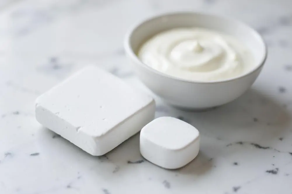 Two large chalky white tablets beside a bowl of yogurt on a marble surface