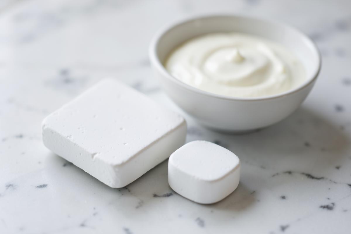 Two large chalky white tablets beside a bowl of yogurt on a marble surface