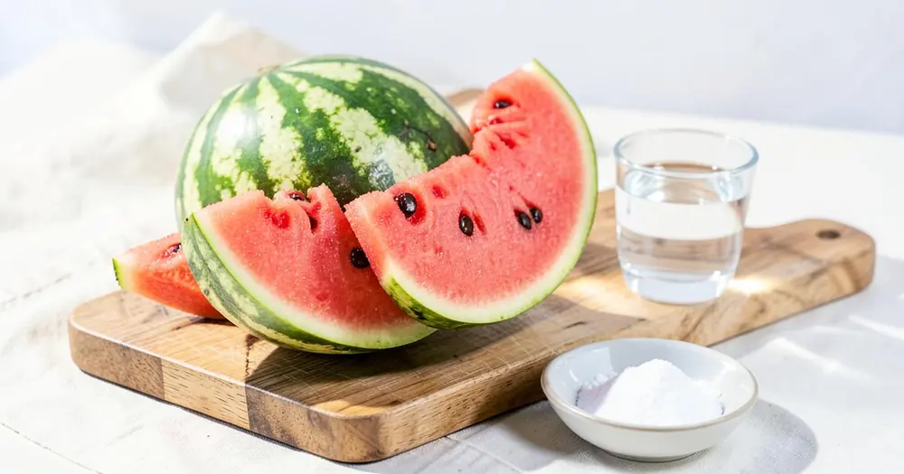 Sliced watermelon on a board beside a glass of water and white powder in a dish Sliced watermelon on a board beside a glass of water and white powder in a dish