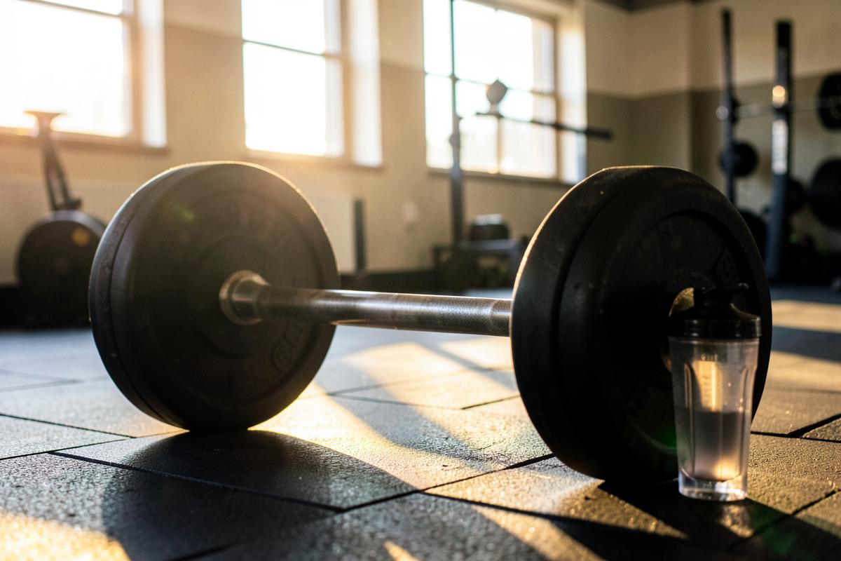 A loaded barbell on a gym floor with a shaker bottle in morning light