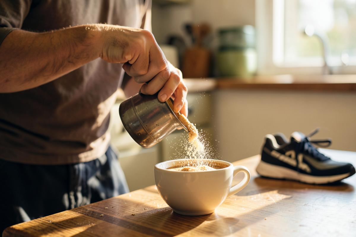 A person stirring powder into a cup of coffee in a kitchen with running shoes nearby