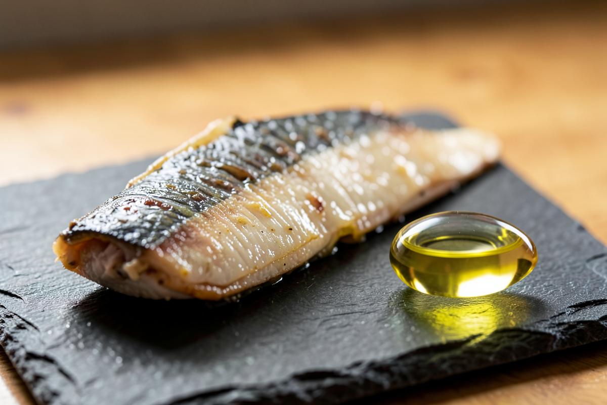 An oily fish fillet on a slate plate beside a golden softgel capsule
