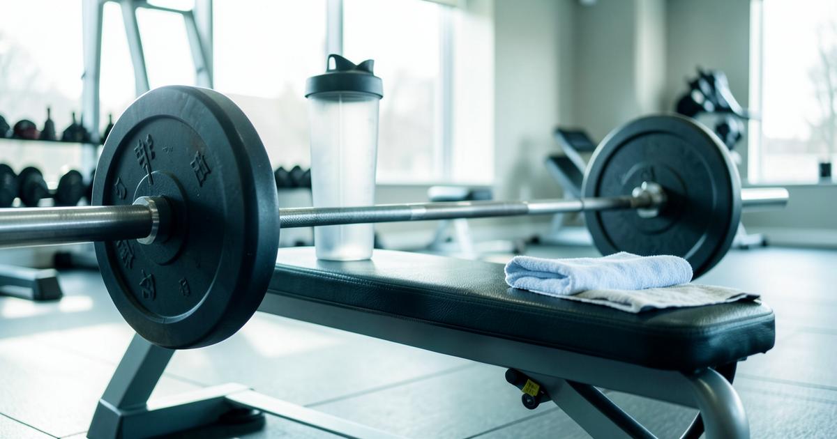 A loaded barbell on a gym bench with a shaker bottle and towel