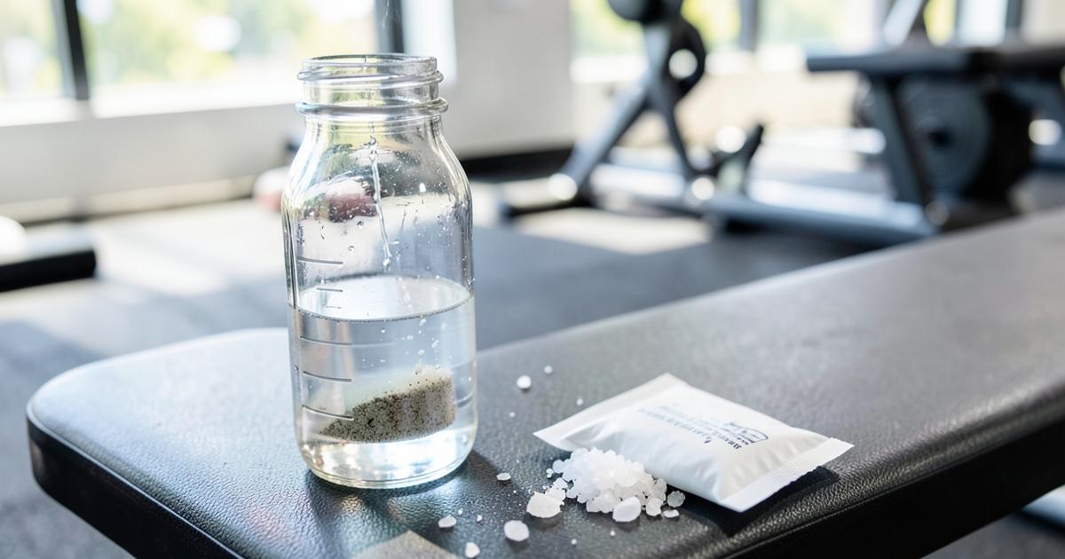 A glass water bottle with electrolyte powder dissolving beside a sachet and salt crystals