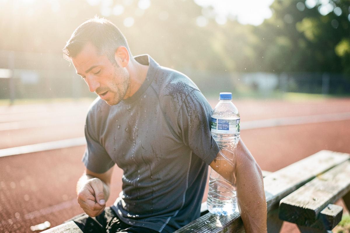 A runner resting on a bench with a water bottle after training in the heat