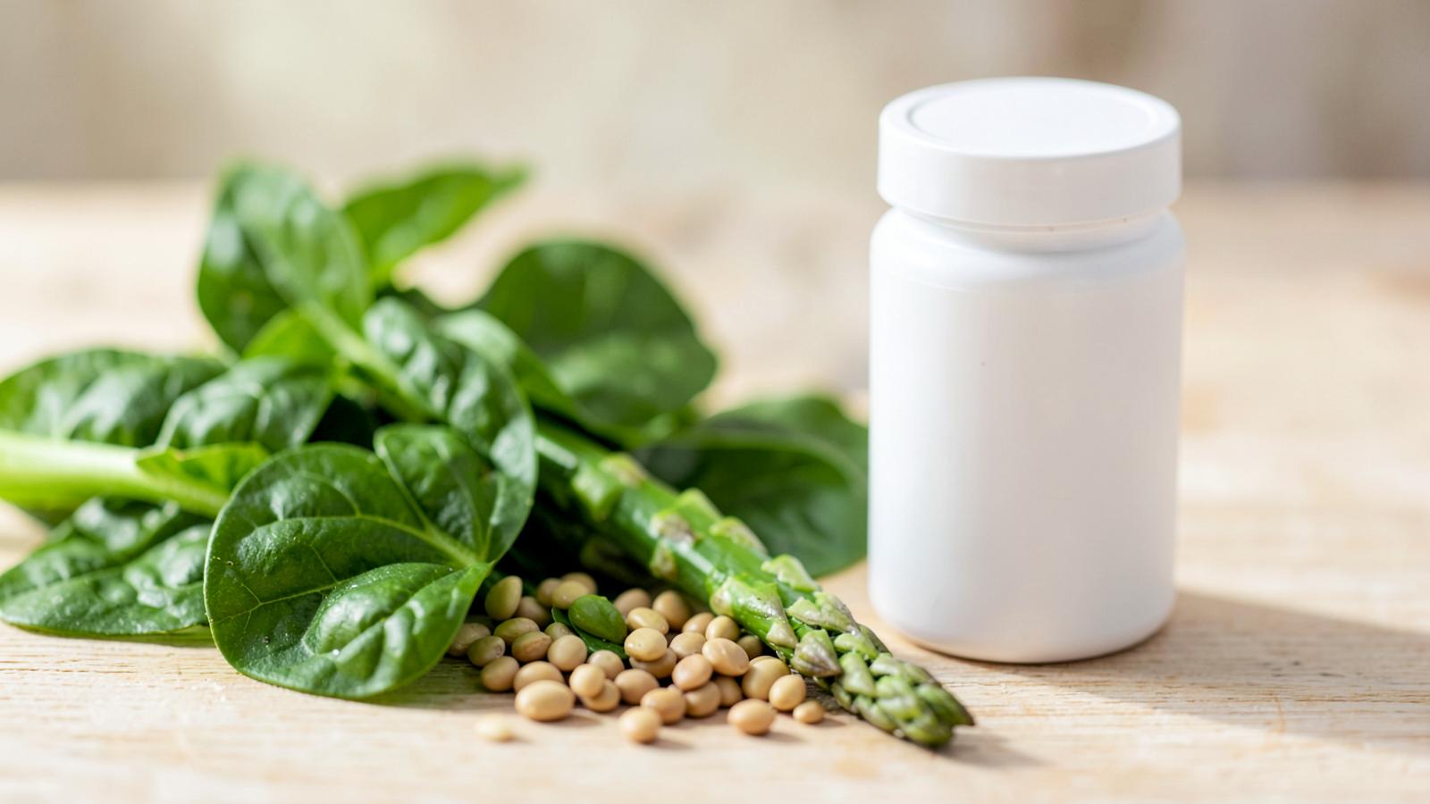 Spinach leaves, lentils and asparagus on a wooden table beside a plain white pill bottle Spinach leaves, lentils and asparagus on a wooden table beside a plain white pill bottle