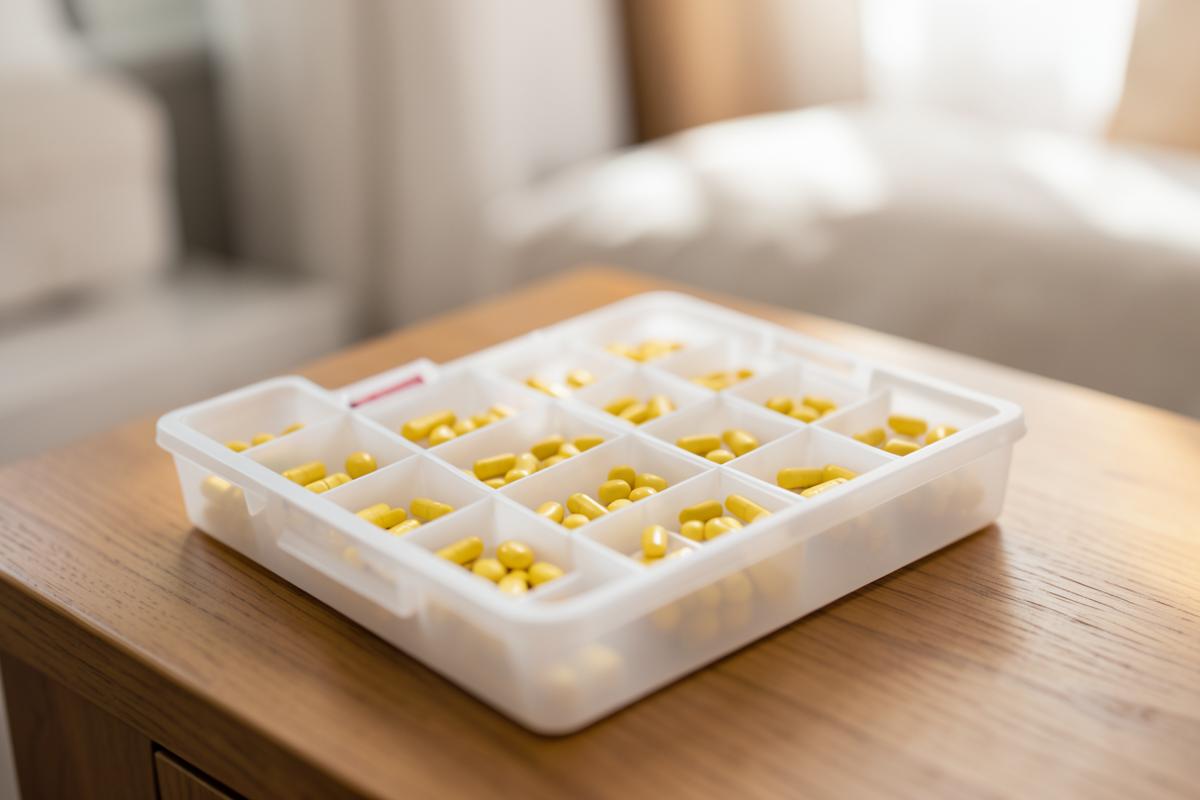 An open weekly pill organiser with small yellow tablets on a bedside table An open weekly pill organiser with small yellow tablets on a bedside table