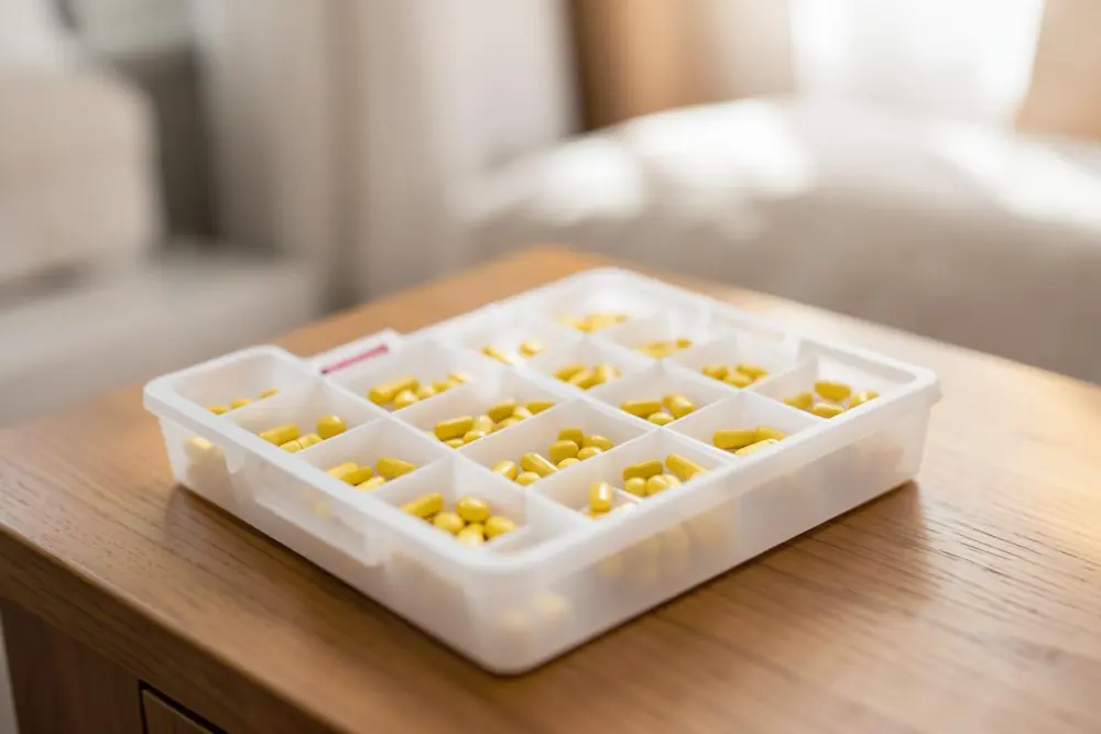 An open weekly pill organiser with small yellow tablets on a bedside table An open weekly pill organiser with small yellow tablets on a bedside table